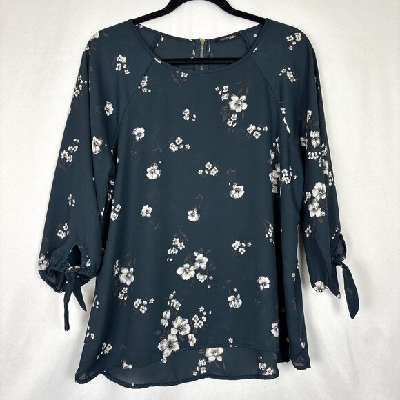 Papermoon Tops - Papermoon Floral Blouse Large Dark Teal Scoop Neck 3/4 Sleeve Tie Cuff Top